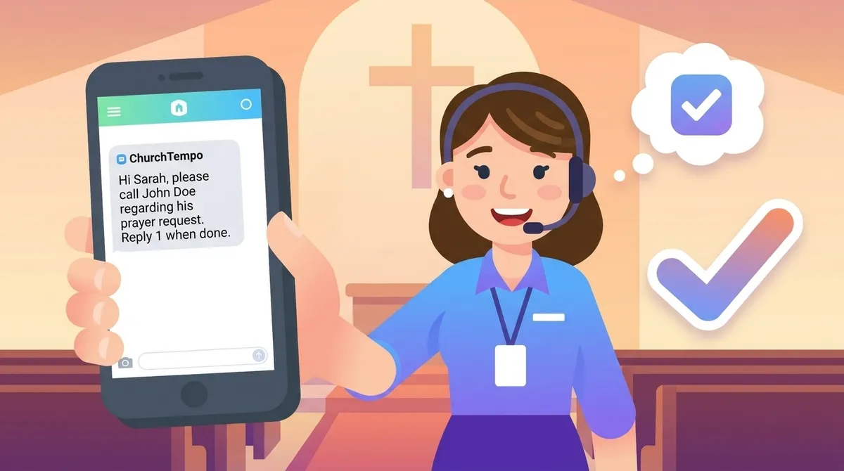 A church volunteer holding a phone showing a ChurchTempo prompt to call a member about their prayer request